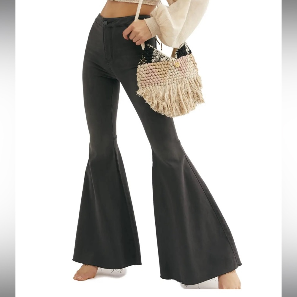 Free People Just Float On Flare high rise black gray bell bottom pants jeans 28